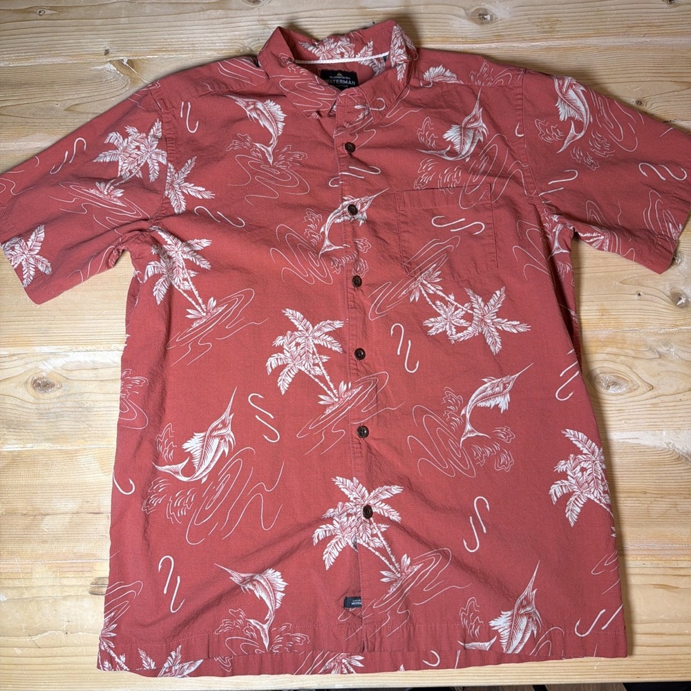 Quiksilver Waterman Red Hawaiian Floral Cotton Short Sleeve Regular‎ Fit Shirt L